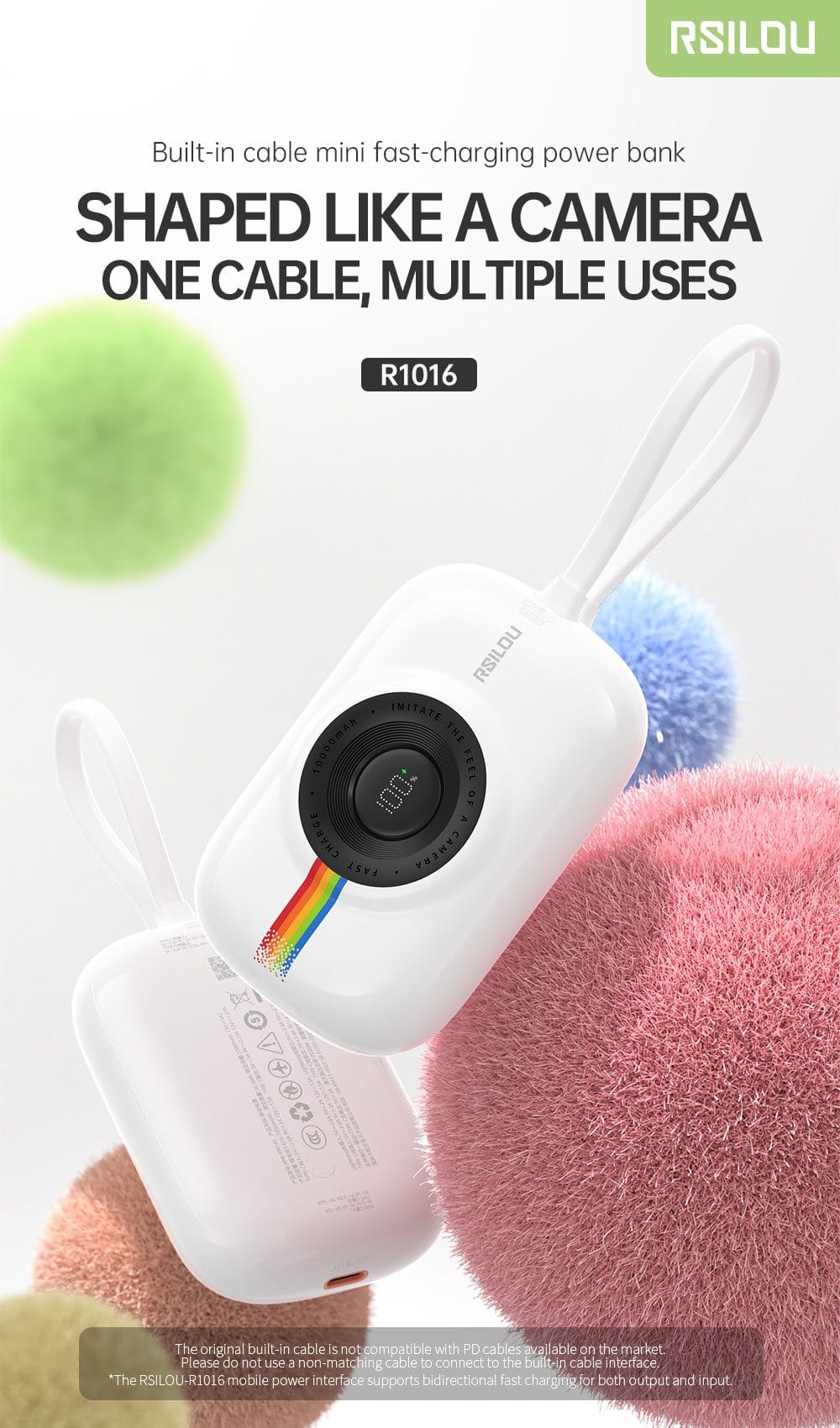 باور بانك ارسيلو R1016-001 بسعة 10000 مللي أمبير وقوة 20 واط PD بكابلات مدمجة وشاشة LED - الصورة 2