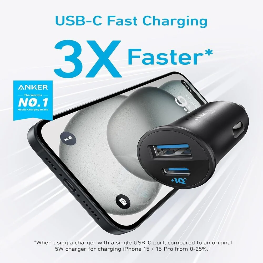 شاحن سيارة انكر A2741H11 بقوة 30 وات تايب سي وUSB أسود