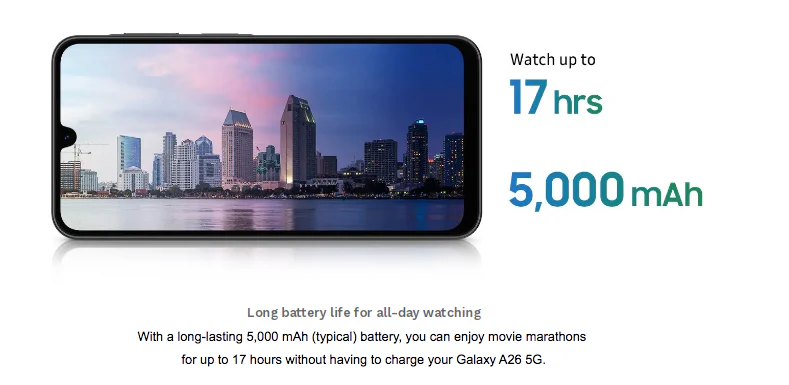 سامسونج جالاكسي A26 5G شاشة AMOLED 6.7 بوصة